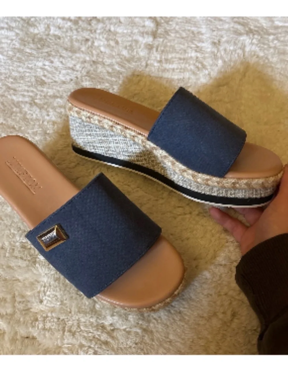 Denim Slide Platform Sandals with Gold Accent